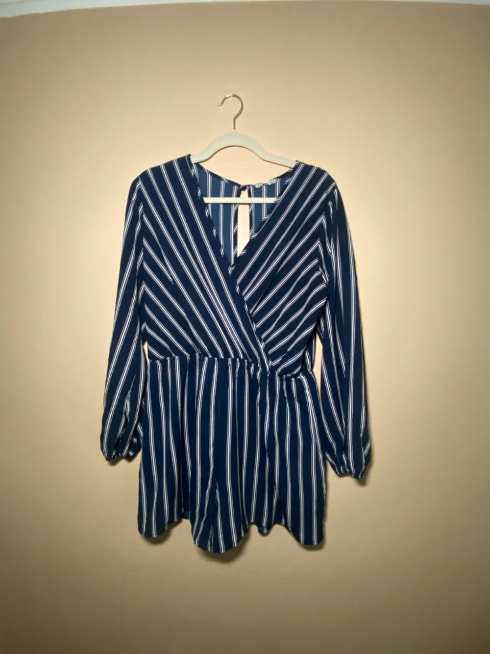 Charlotte Russe Navy Striped Long Sleeve Romper Large